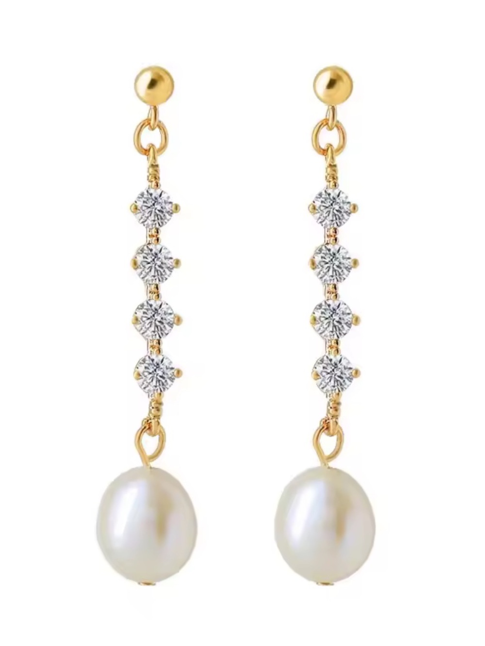 Gold Drop Earrings with White Pearls and Clear Crystals